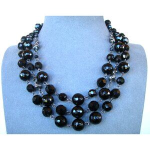 White Black- Brand Black Faceted Beaded 3 Strand Necklace, 14", 16" 18"